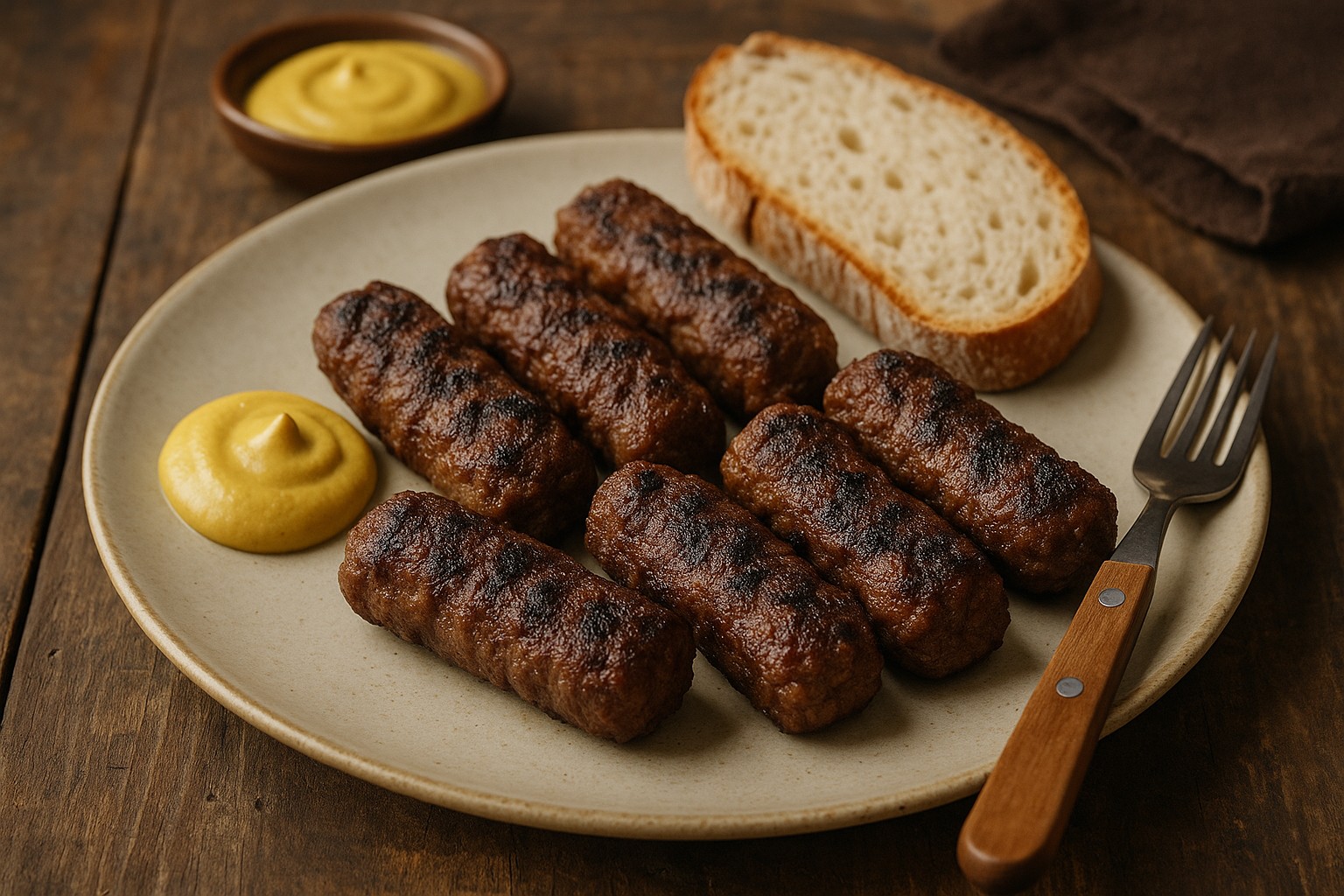 Mici, das traditionelle Hauptgericht in Rumänien. Grillröllchen aus gewürztem Hack, meist mit Senf und Brot.