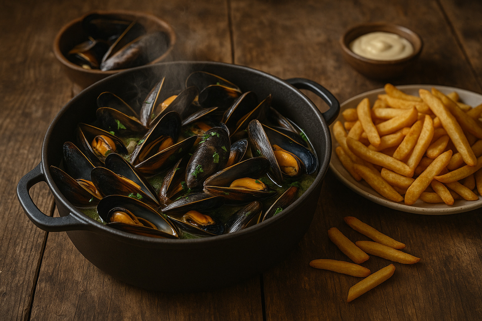 Moules Frites, das traditionelle Hauptgericht in Belgien. Frische Muscheln in Weißwein- oder Kräutersud mit knusprigen Pommes.
