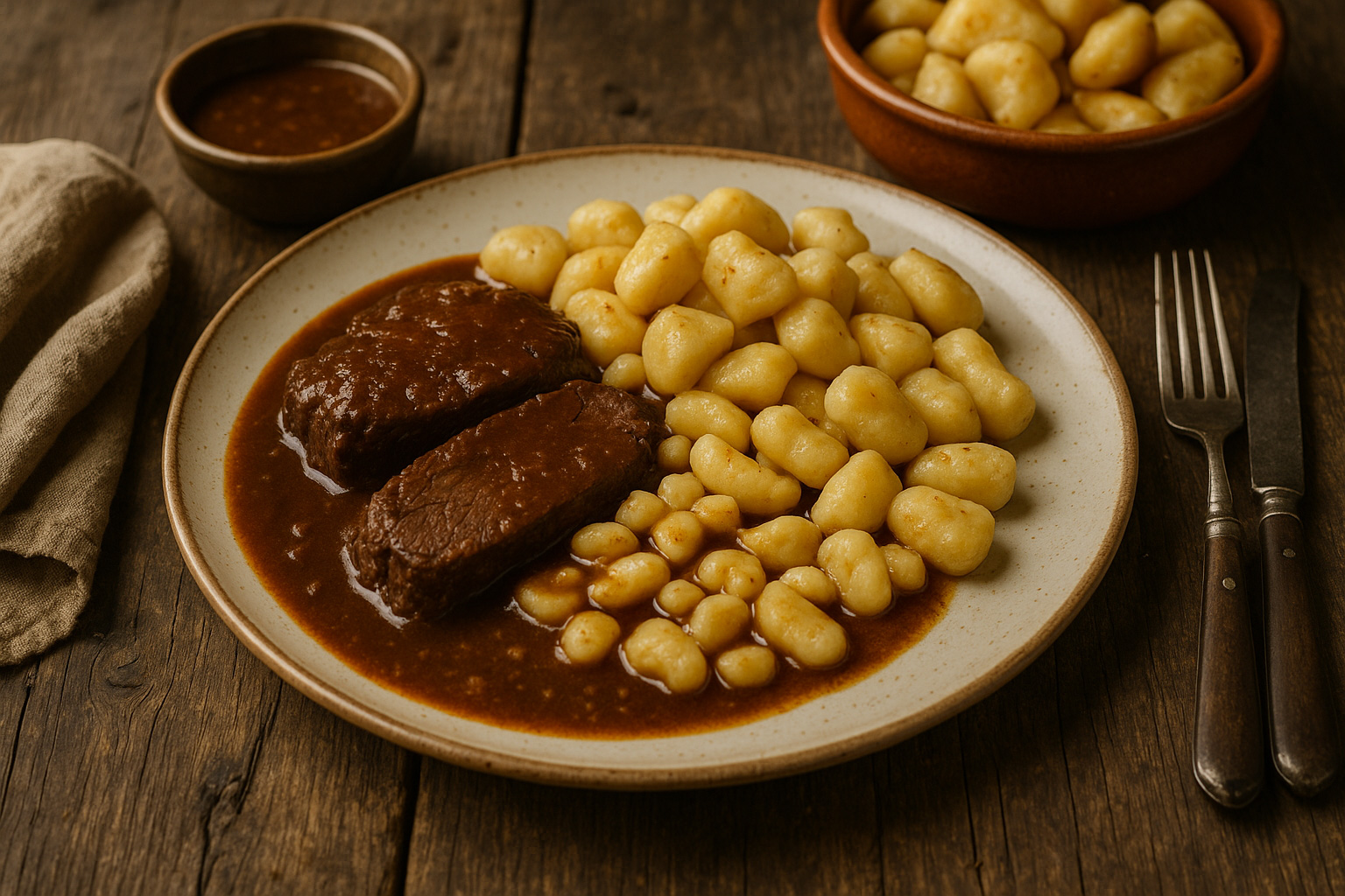 Pašticada, das traditionelle Hauptgericht in Kroatien. Langer geschmorter Rinderbraten in Weinsauce mit Gewürzen, serviert mit Gnocchi.
