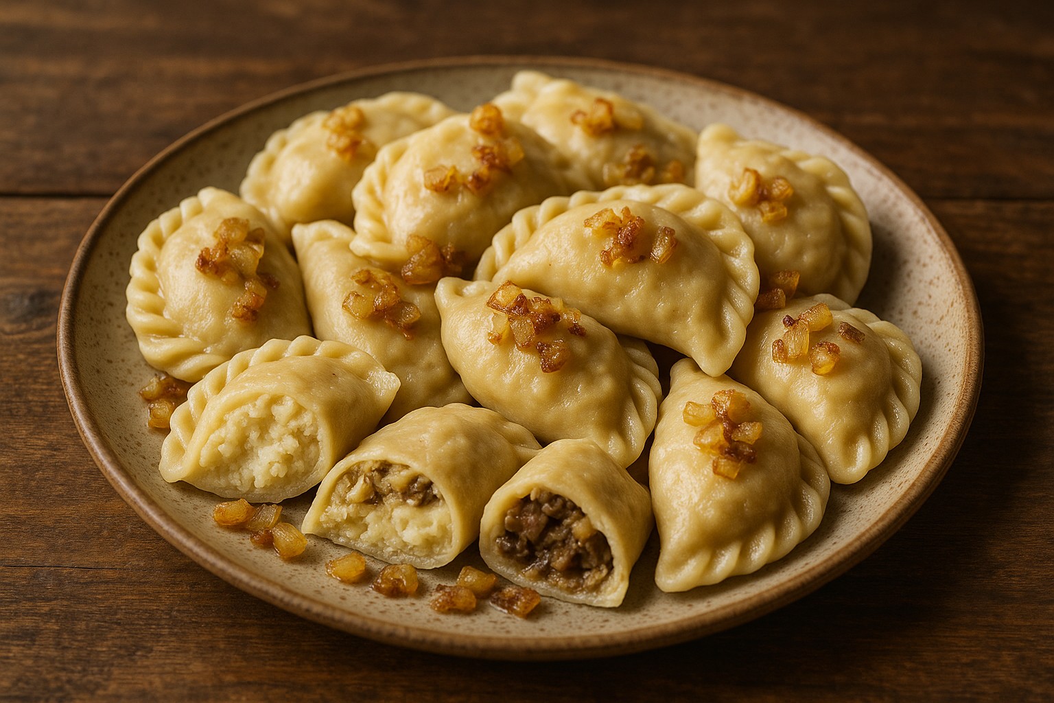 Pierogi, das traditionelle Hauptgericht in Polen. Teigtaschen mit herzhaften oder süßen Füllungen. 