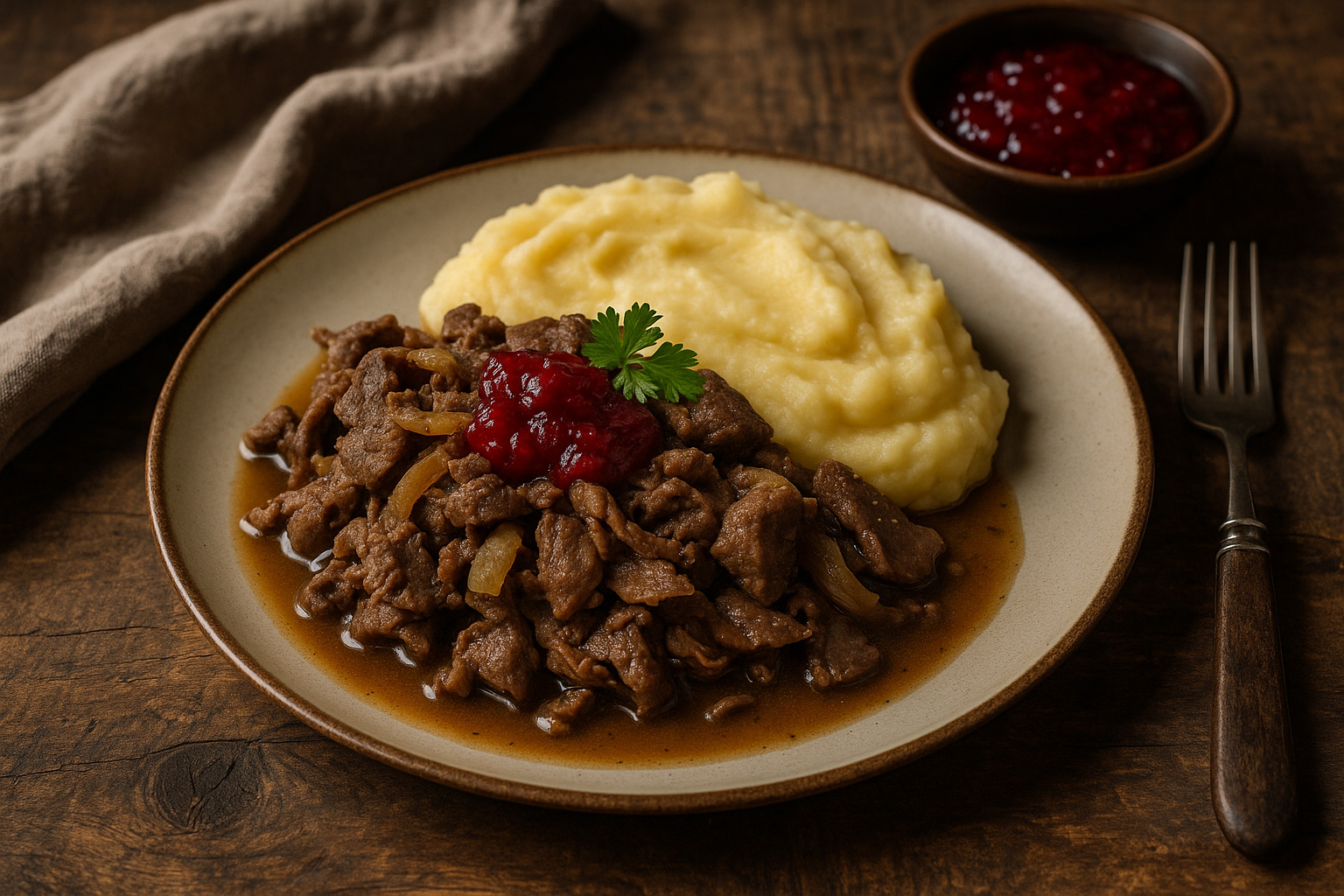 Poronkaeristys, das traditionelle Hauptgericht in Finnland. Dünn geschnittenes, in Butter geschmortes Rentierfleisch, serviert mit Kartoffelpüree.