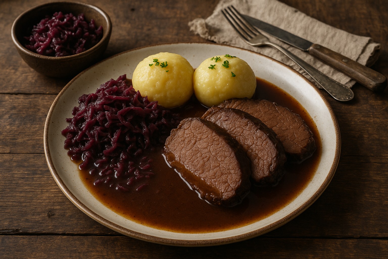 Sauerbraten, das traditionelle Hauptgericht in Deuschland. Eingelegter Braten, meist mit Rotkohl und Klößen. 