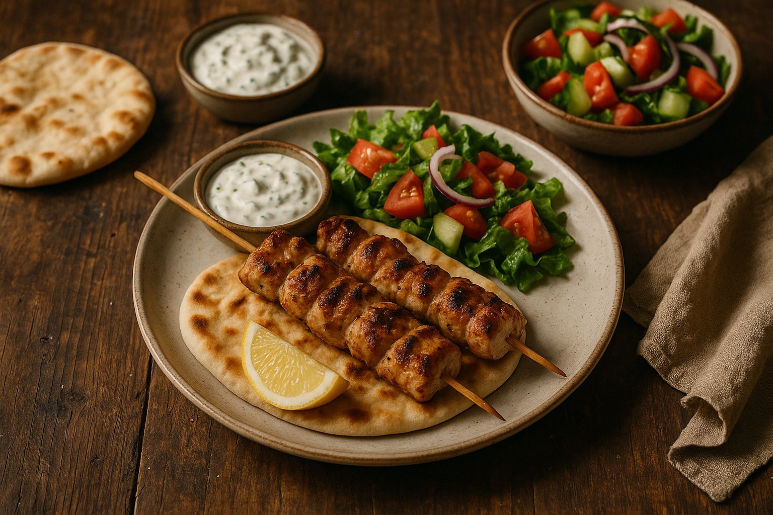 Souvlaki, das traditionelle Hauptgericht in Griechenland. Gegrillte Spieße, oft mit Pita, Tzatziki und Salat.