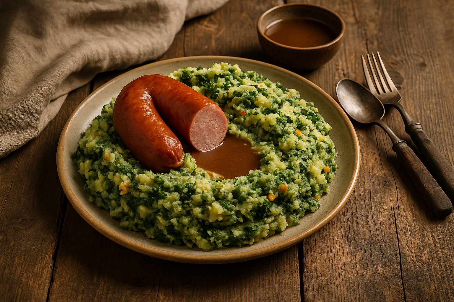 Stamppot, das traditionelle Hauptgericht in Niederlanden. Kartoffelstampf mit Gemüse wie Grünkohl, Sauerkraut oder Karotten.