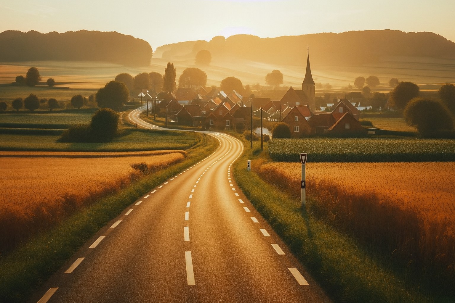 Typische Landschaft in Belgien mit einer Landstraße in Abendstimmung