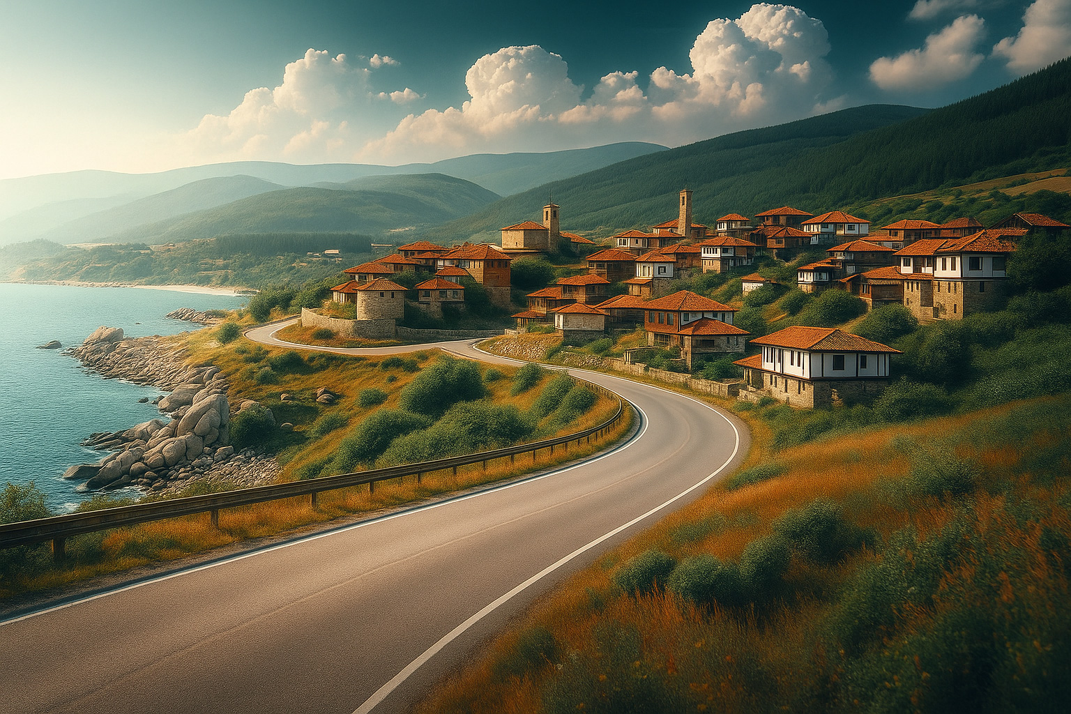 Typische Landschaft in Bulgarien Ost mit einer Landstraße in Abendstimmung