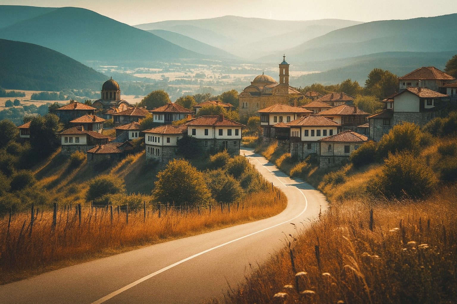 Typische Landschaft in Bulgarien West mit einer Landstraße in Abendstimmung
