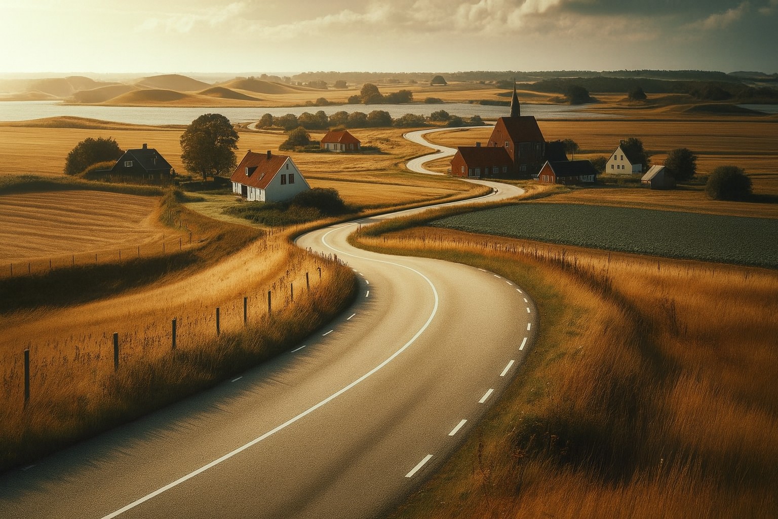 Typische Landschaft in Dänemark mit einer Landstraße in Abendstimmung