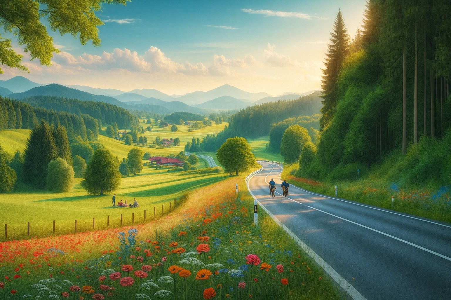 Typische Landschaft in Deutschland Süd mit einer Landstraße in Abendstimmung