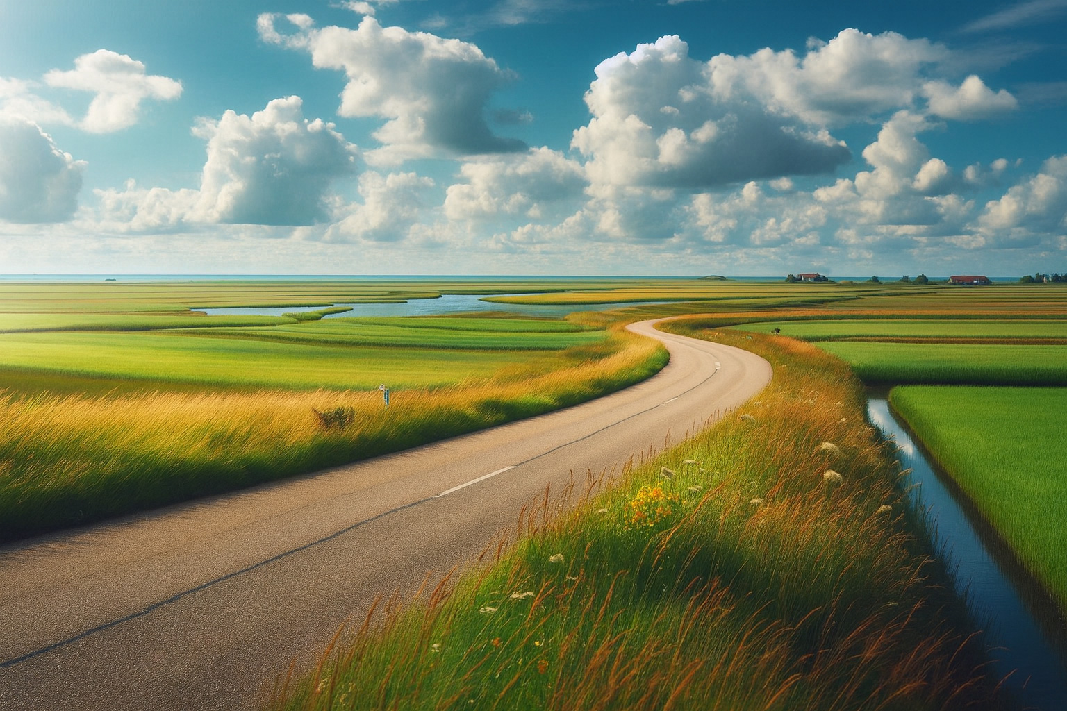 Typische Landschaft in Deutschland Nord mit einer Landstraße in Abendstimmung