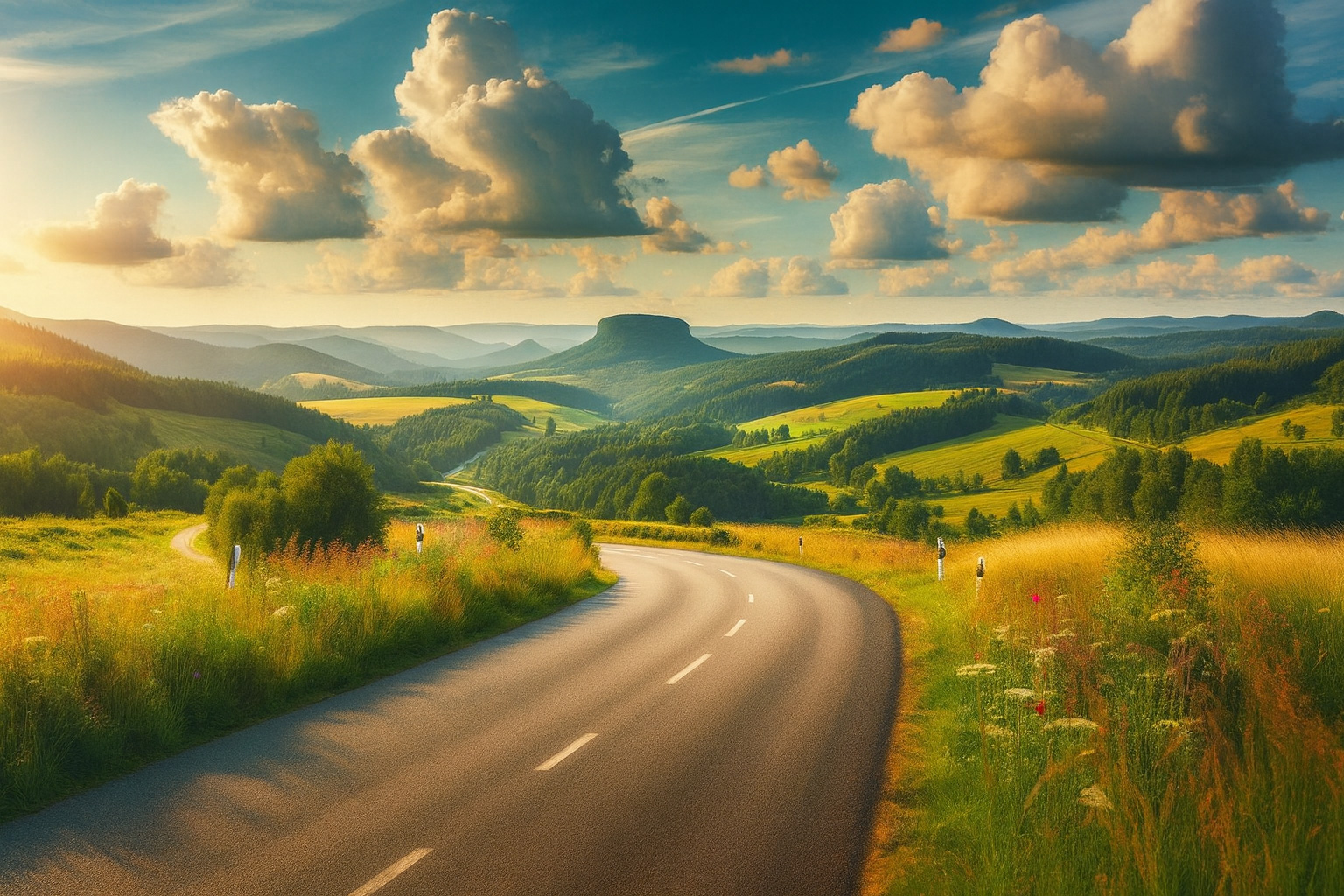 Typische Landschaft in Deutschland Ost mit einer Landstraße in Abendstimmung