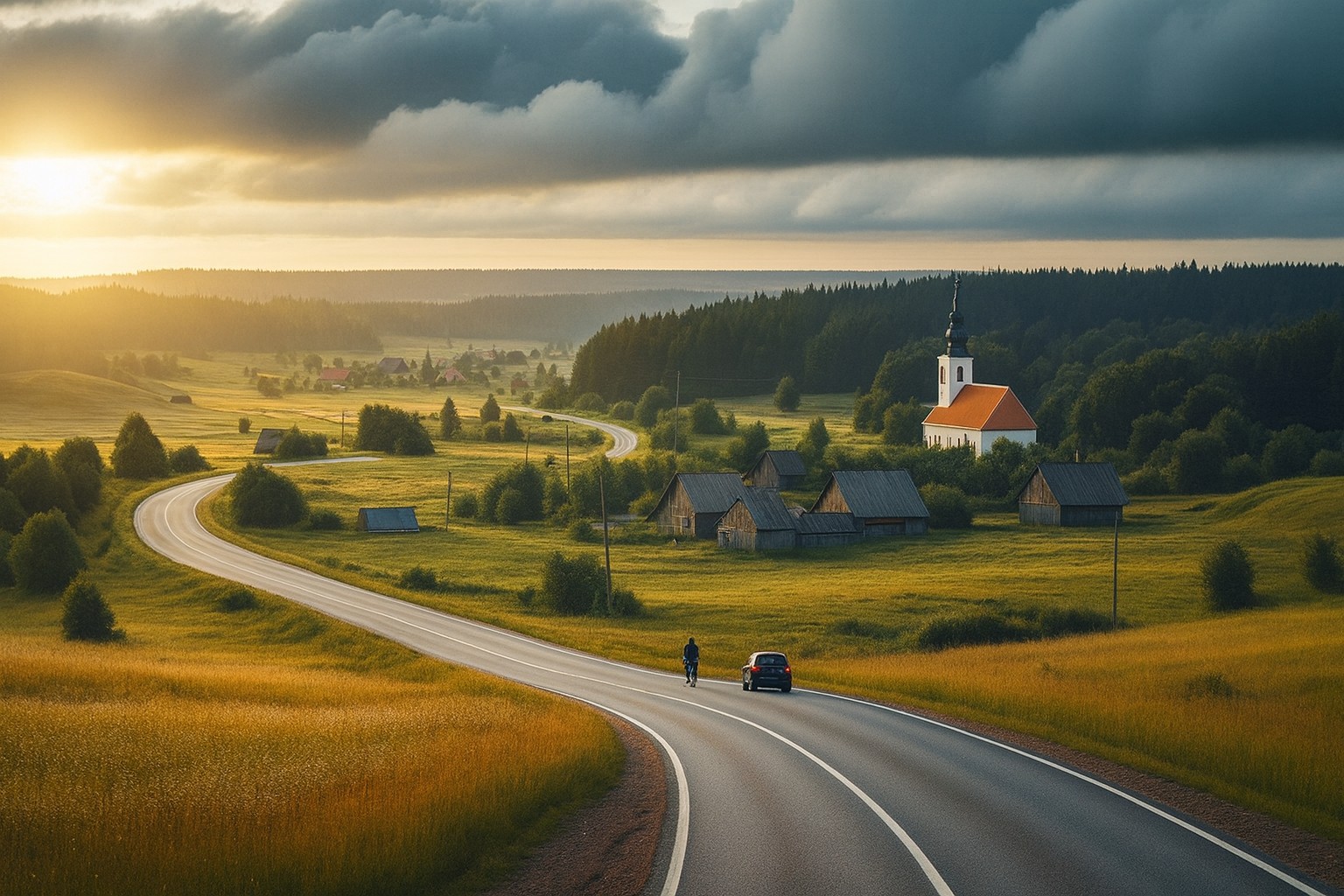 Typische Landschaft in Estland mit einer Landstraße in Abendstimmung