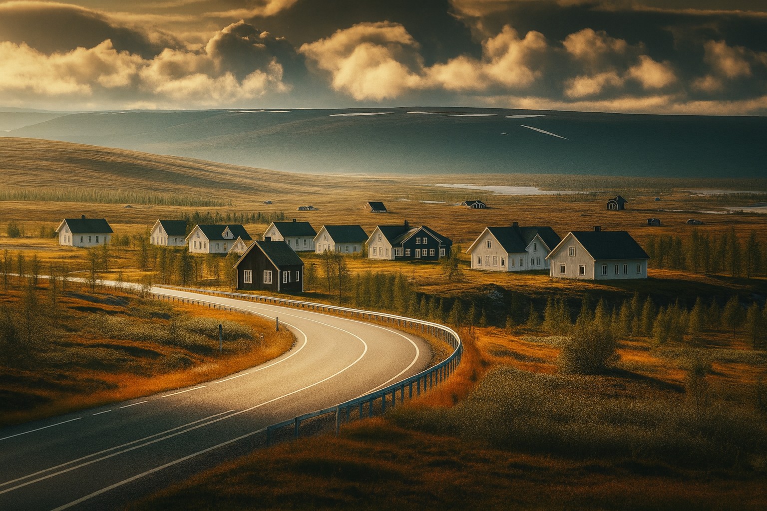Typische Landschaft in Finnland mit einer Landstraße in Abendstimmung