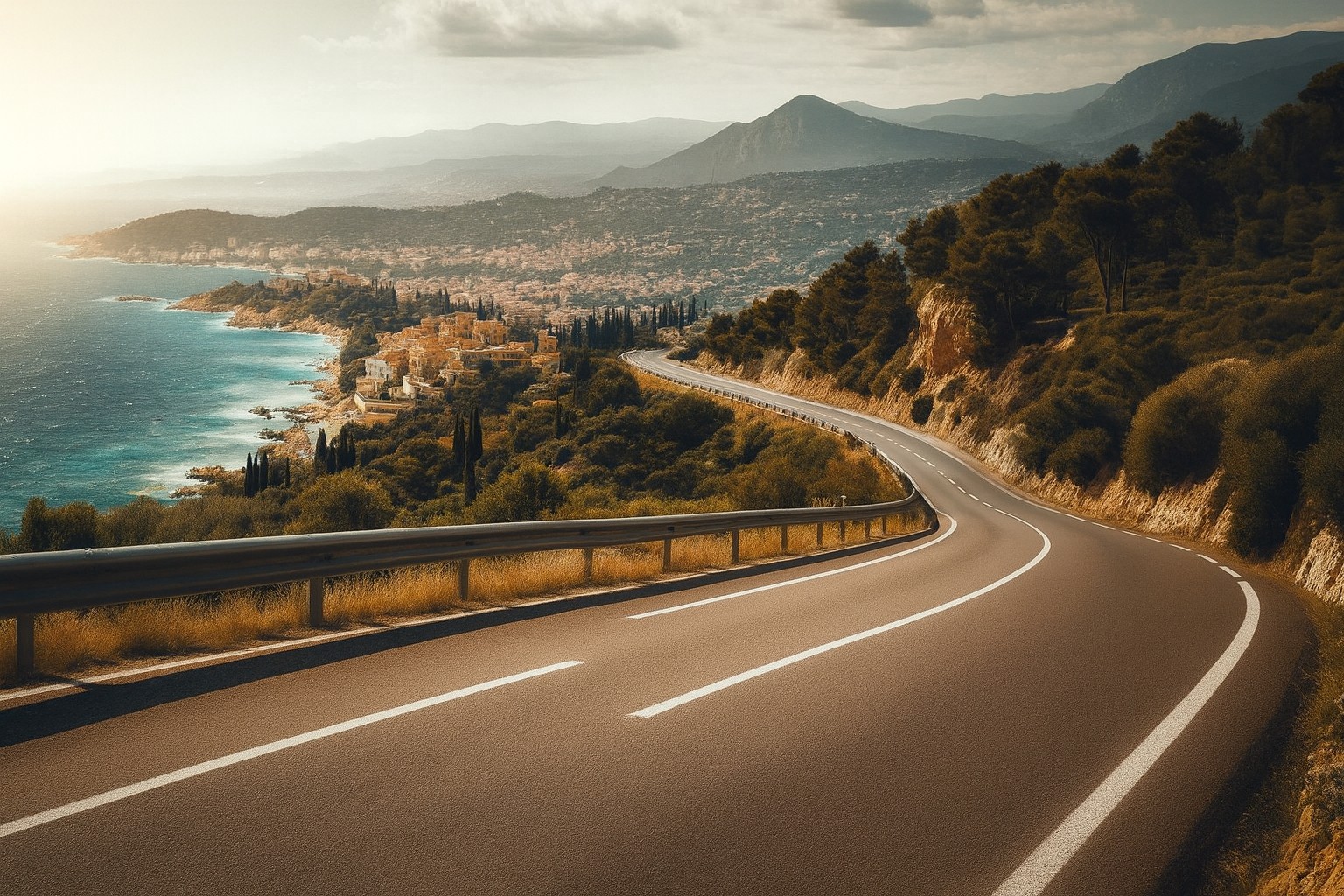 Typische Landschaft in Frankreich Süd mit einer Landstraße in Abendstimmung
