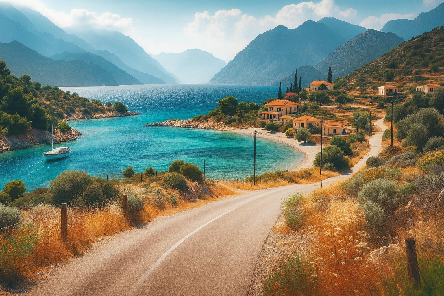Typische Landschaft in Griechenland mit einer Landstraße in Abendstimmung