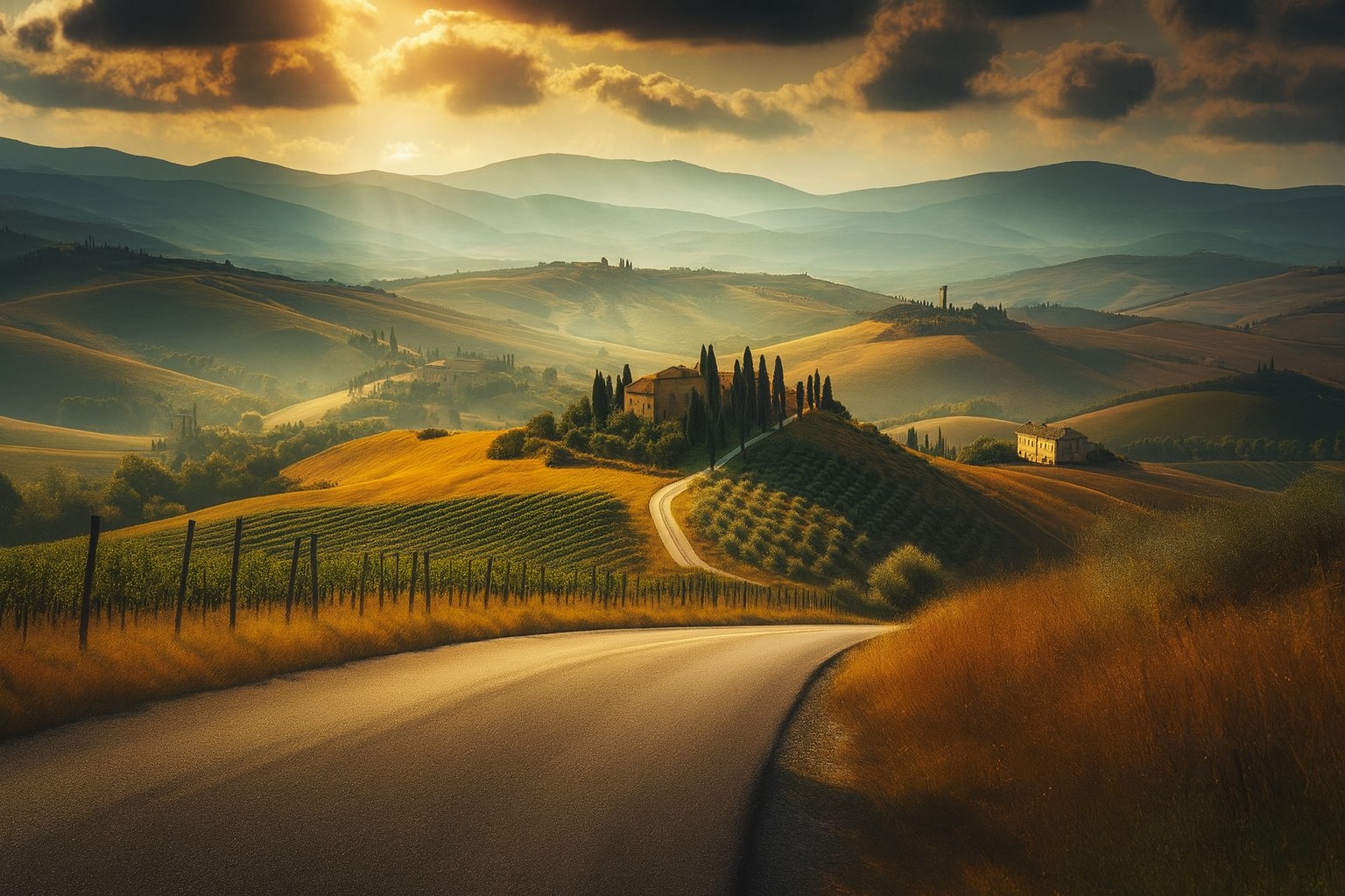 Typische Landschaft in Italien mit einer Landstraße in Abendstimmung