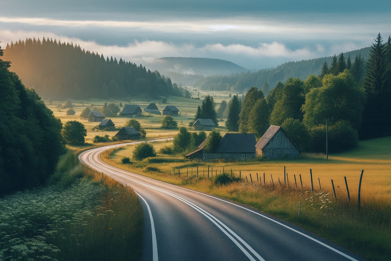 Typische Landschaft in Kroatien mit einer Landstraße in Abendstimmung