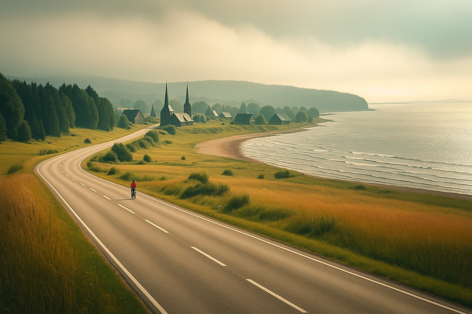 Typische Landschaft in Lettland mit einer Landstraße in Abendstimmung