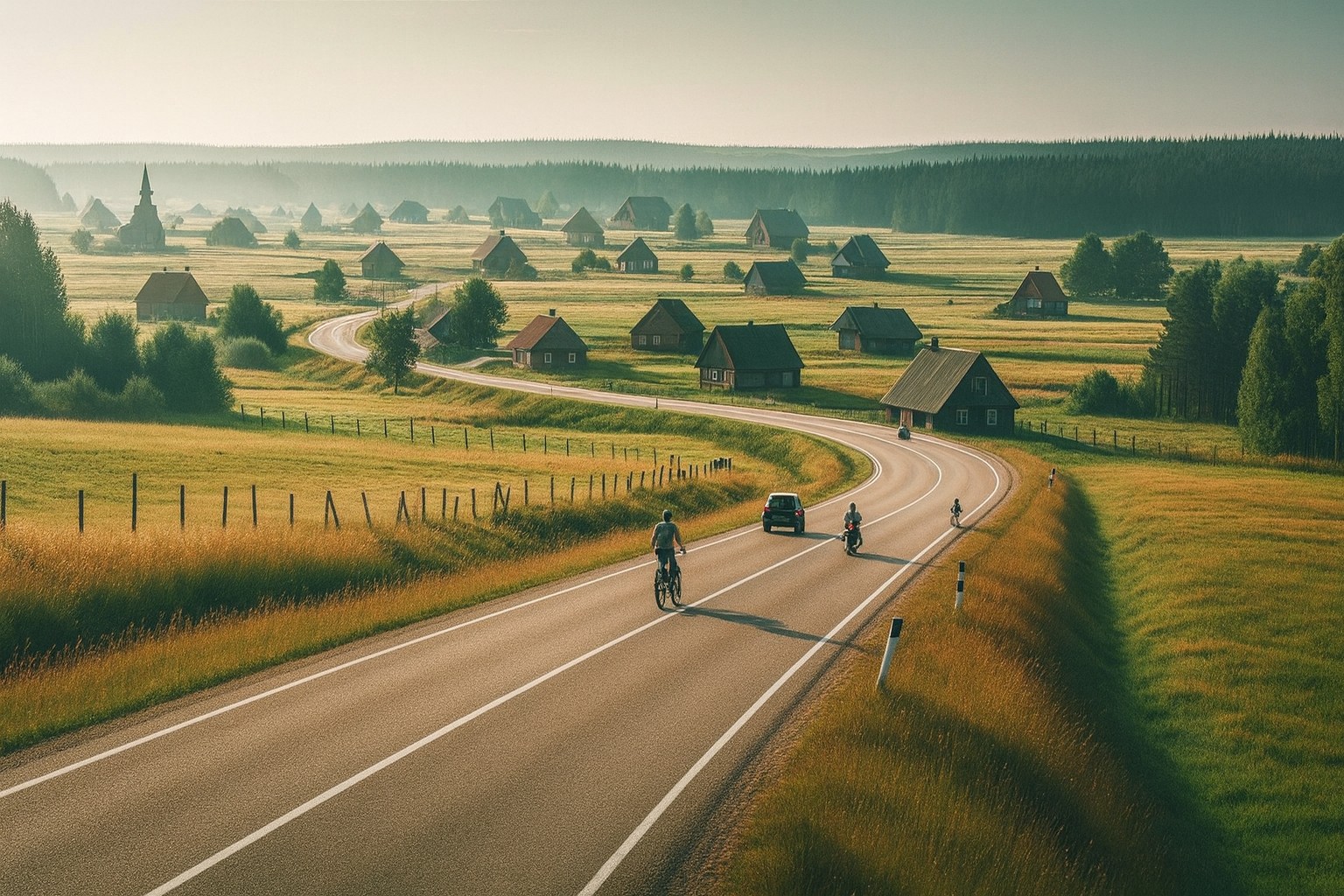 Typische Landschaft in Litauen mit einer Landstraße in Abendstimmung
