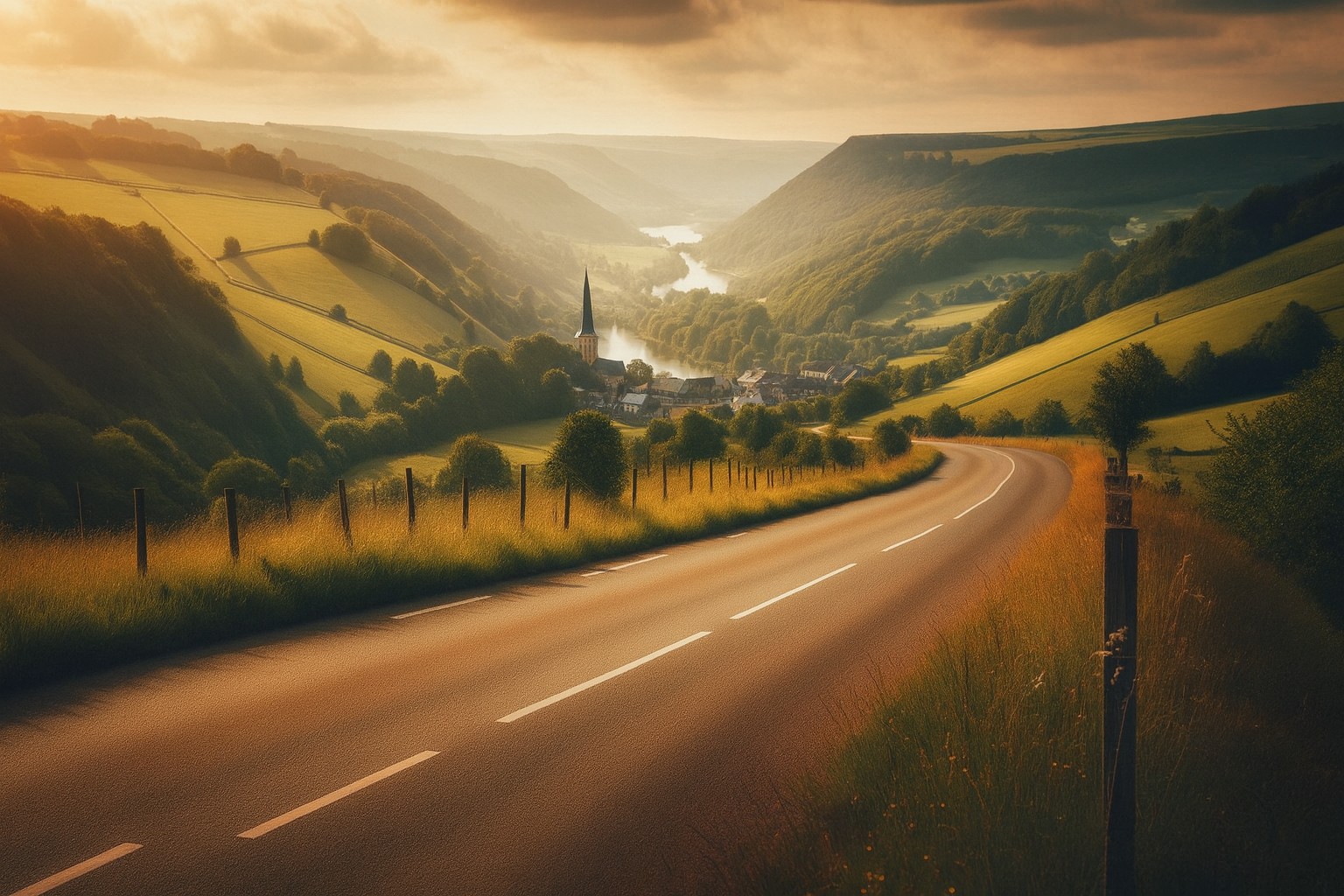 Typische Landschaft in Luxemburg mit einer Landstraße in Abendstimmung