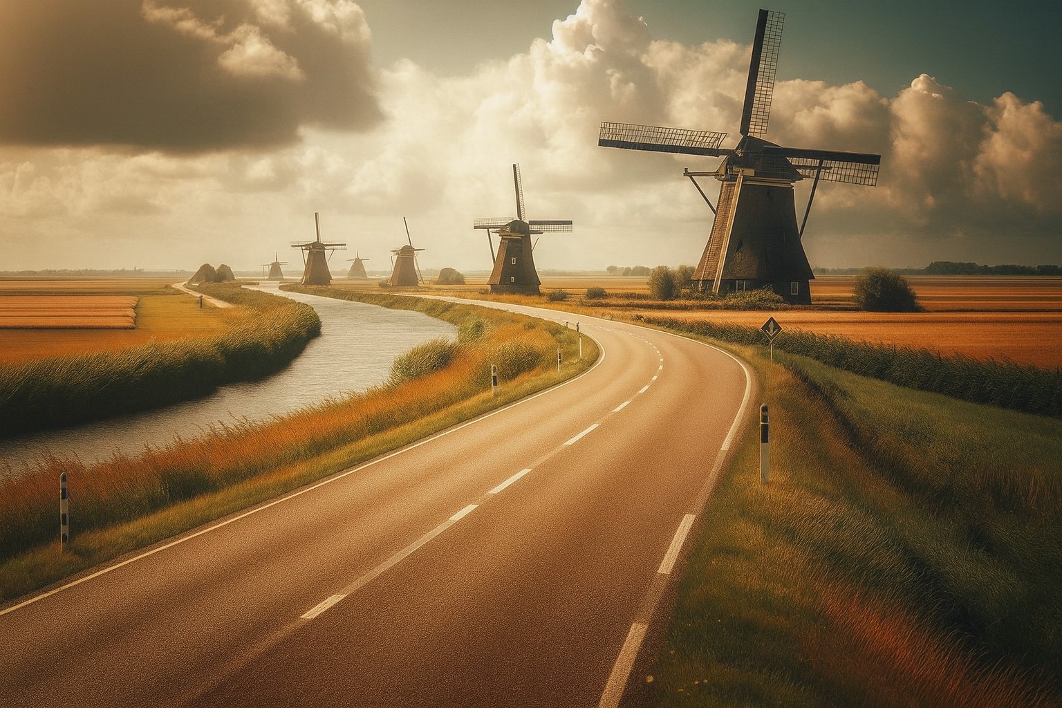 Typische Landschaft in den Niederlanden mit einer Landstraße in Abendstimmung