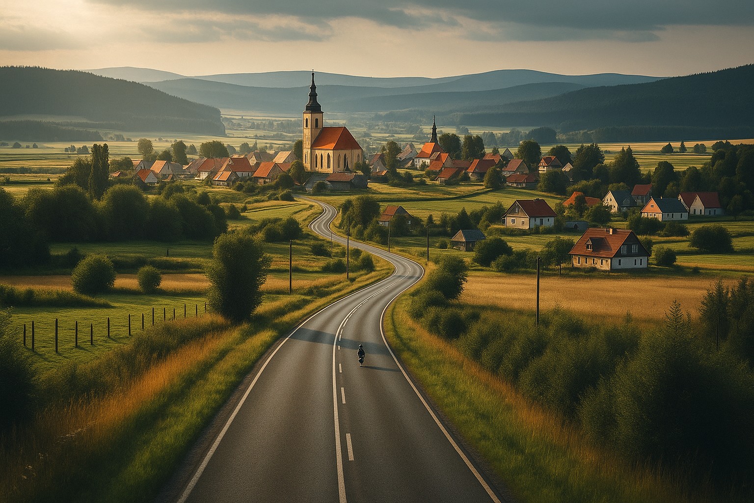 Typische Landschaft in Polen mit einer Landstraße in Abendstimmung