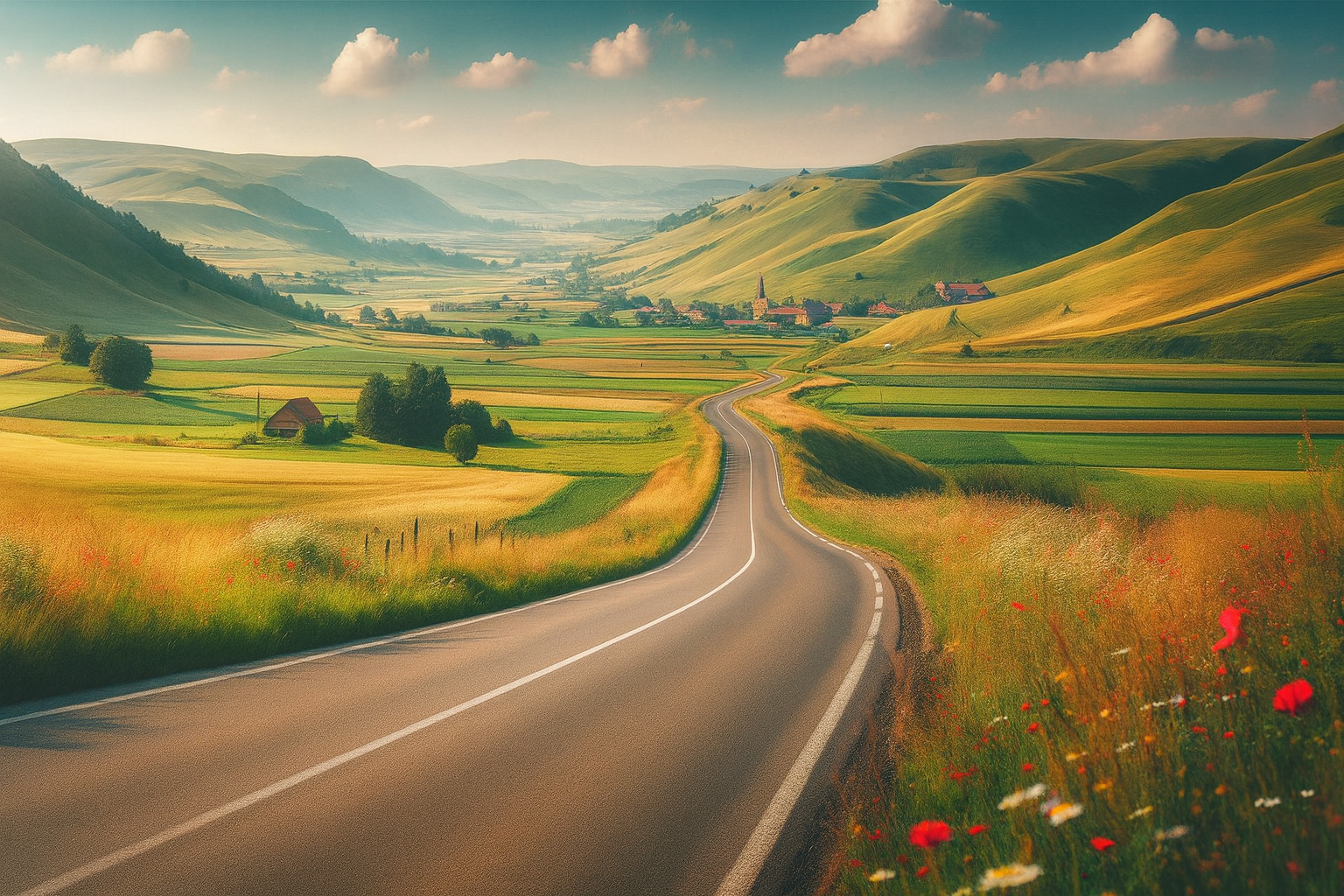 Typische Landschaft in Rumänien Ost mit einer Landstraße in Abendstimmung