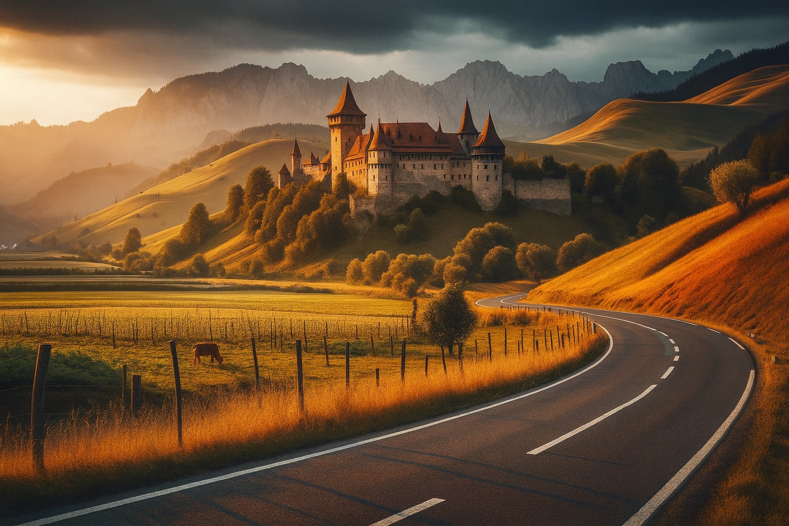 Typische Landschaft in Rumänien West mit einer Landstraße in Abendstimmung