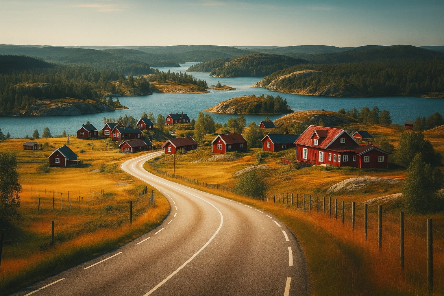 Typische Landschaft in Schweden mit einer Landstraße in Abendstimmung