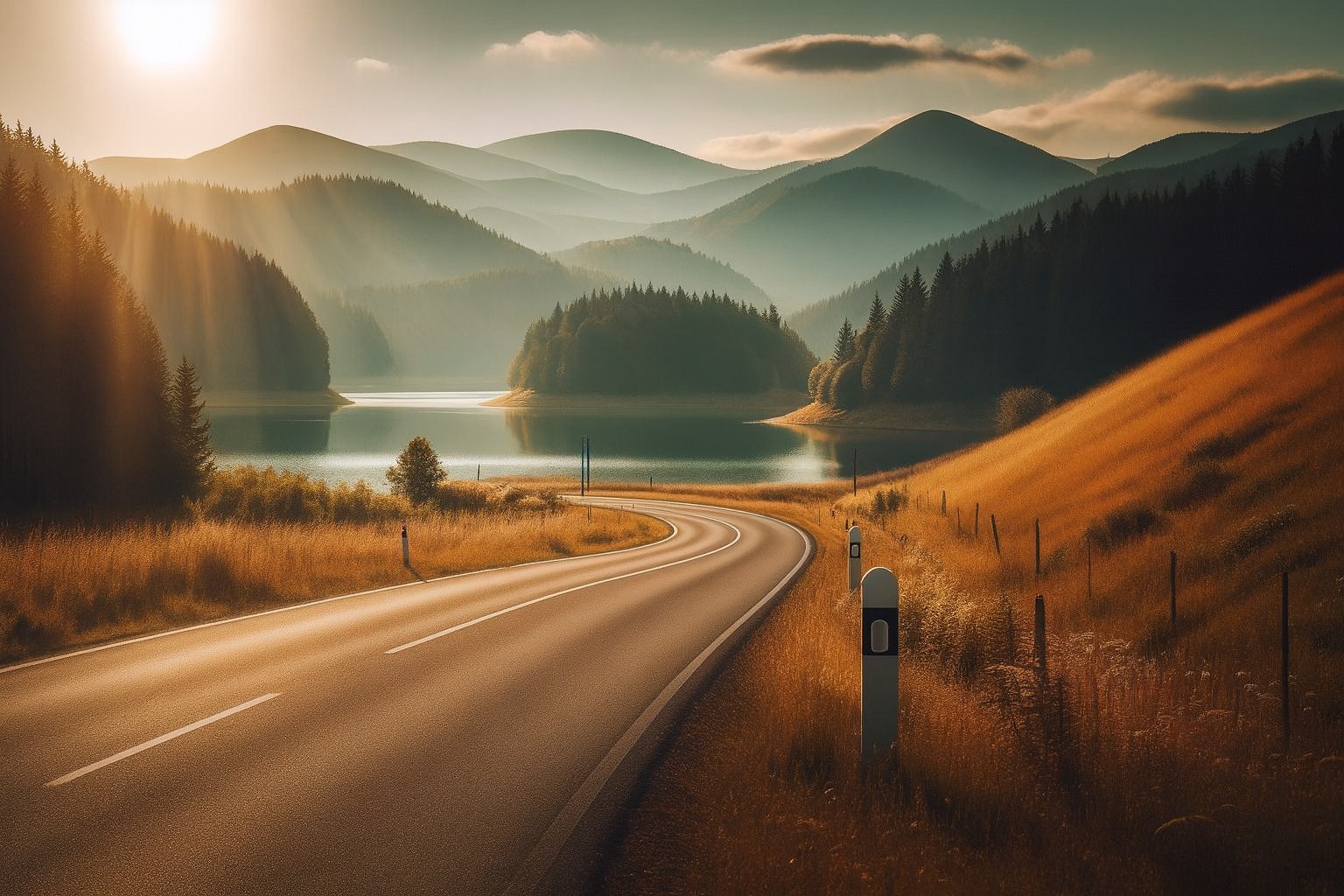 Typische Landschaft in der Slowakei mit einer Landstraße in Abendstimmung