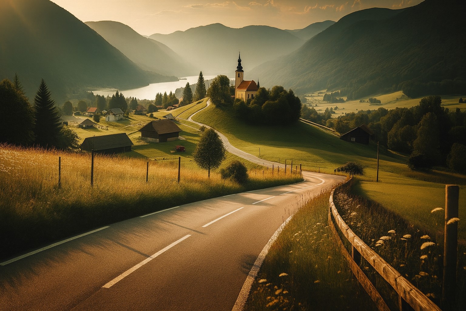 Typische Landschaft in Slowenien mit einer Landstraße in Abendstimmung