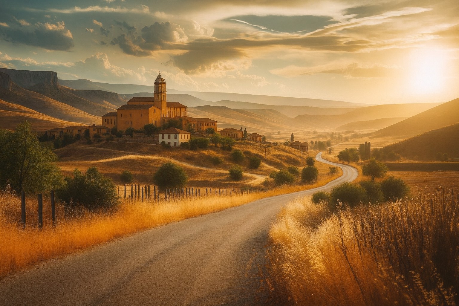 Typische Landschaft in Spanien Nord mit einer Landstraße in Abendstimmung