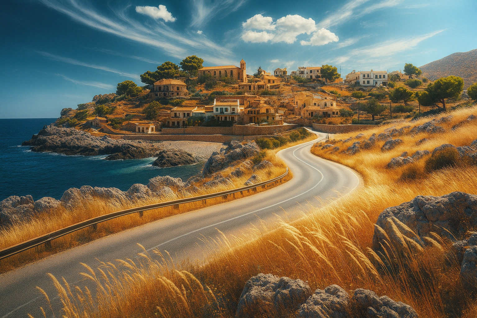 Typische Landschaft in Spanien Süd mit einer Landstraße in Abendstimmung