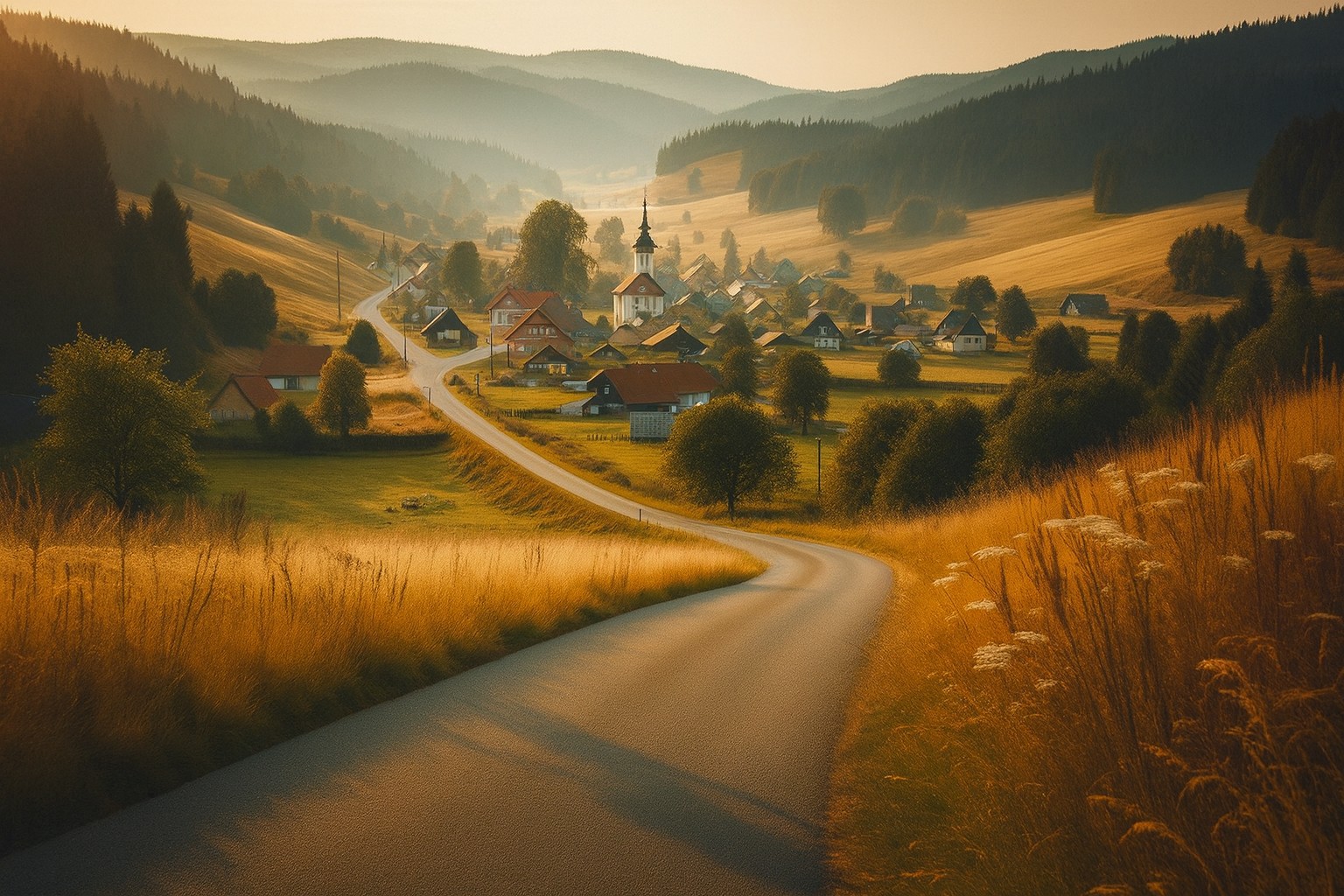 Typische Landschaft in Tschechien mit einer Landstraße in Abendstimmung