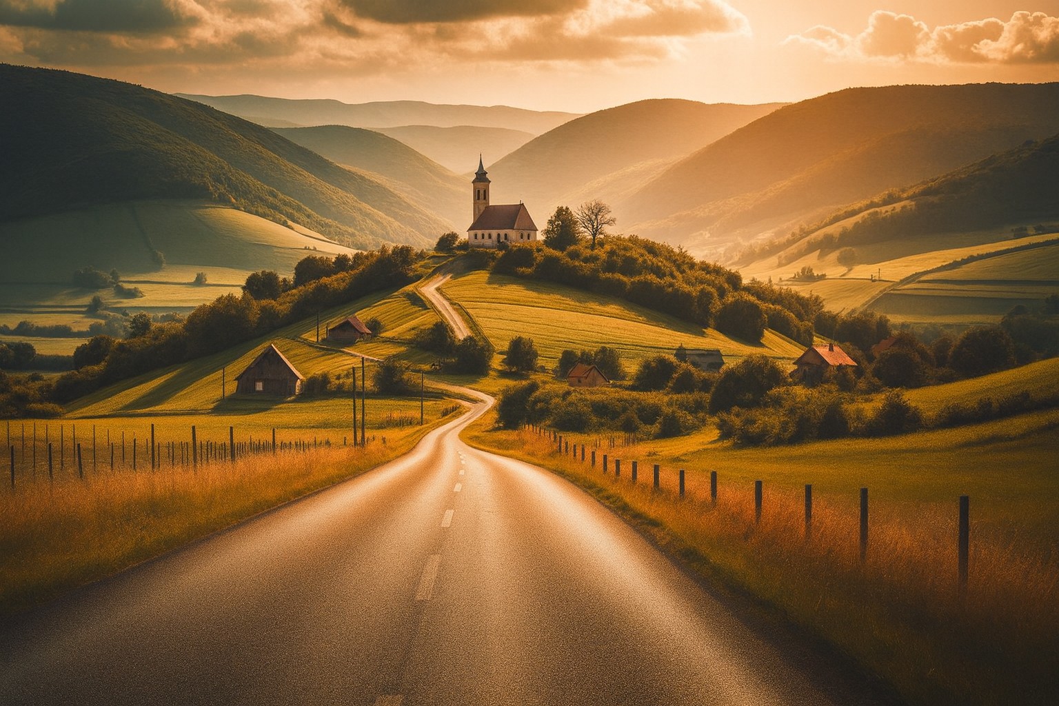 Typische Landschaft in Ungarn Nord mit einer Landstraße in Abendstimmung