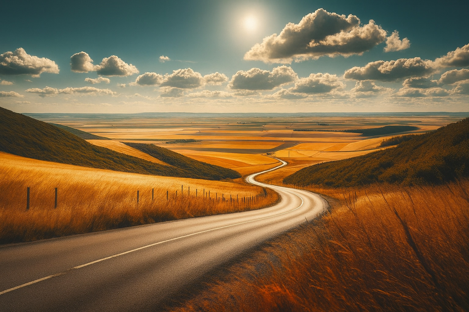 Typische Landschaft in Ungarn Süd mit einer Landstraße in Abendstimmung