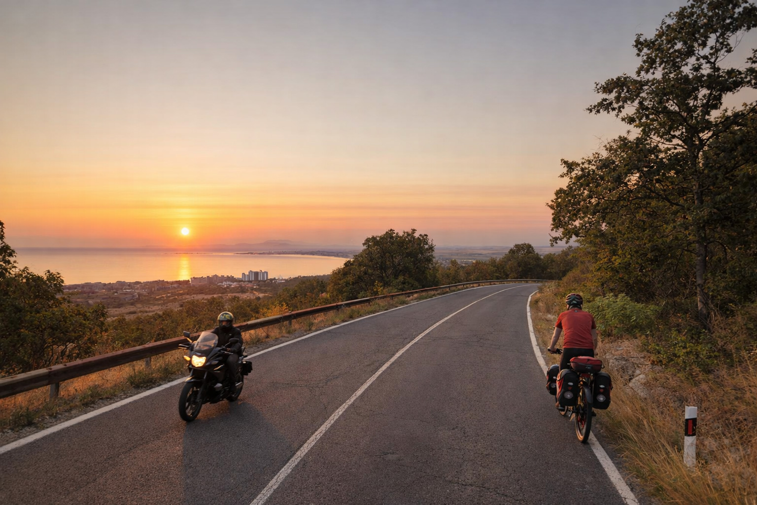 Die Via Europe Landstraße in Bulgarien bei Sonnenuntergang