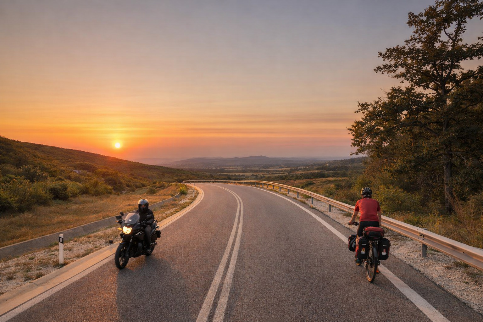 Die Via Europe Landstraße in Griechenland bei Sonnenuntergang