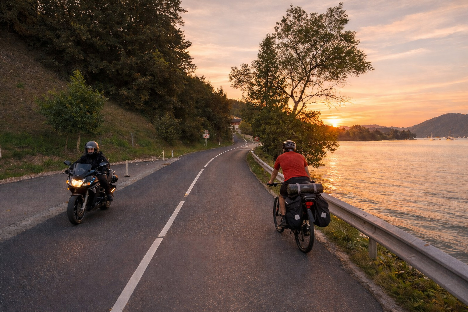Die Via Europe Landstraße in Österreich bei Sonnenuntergang