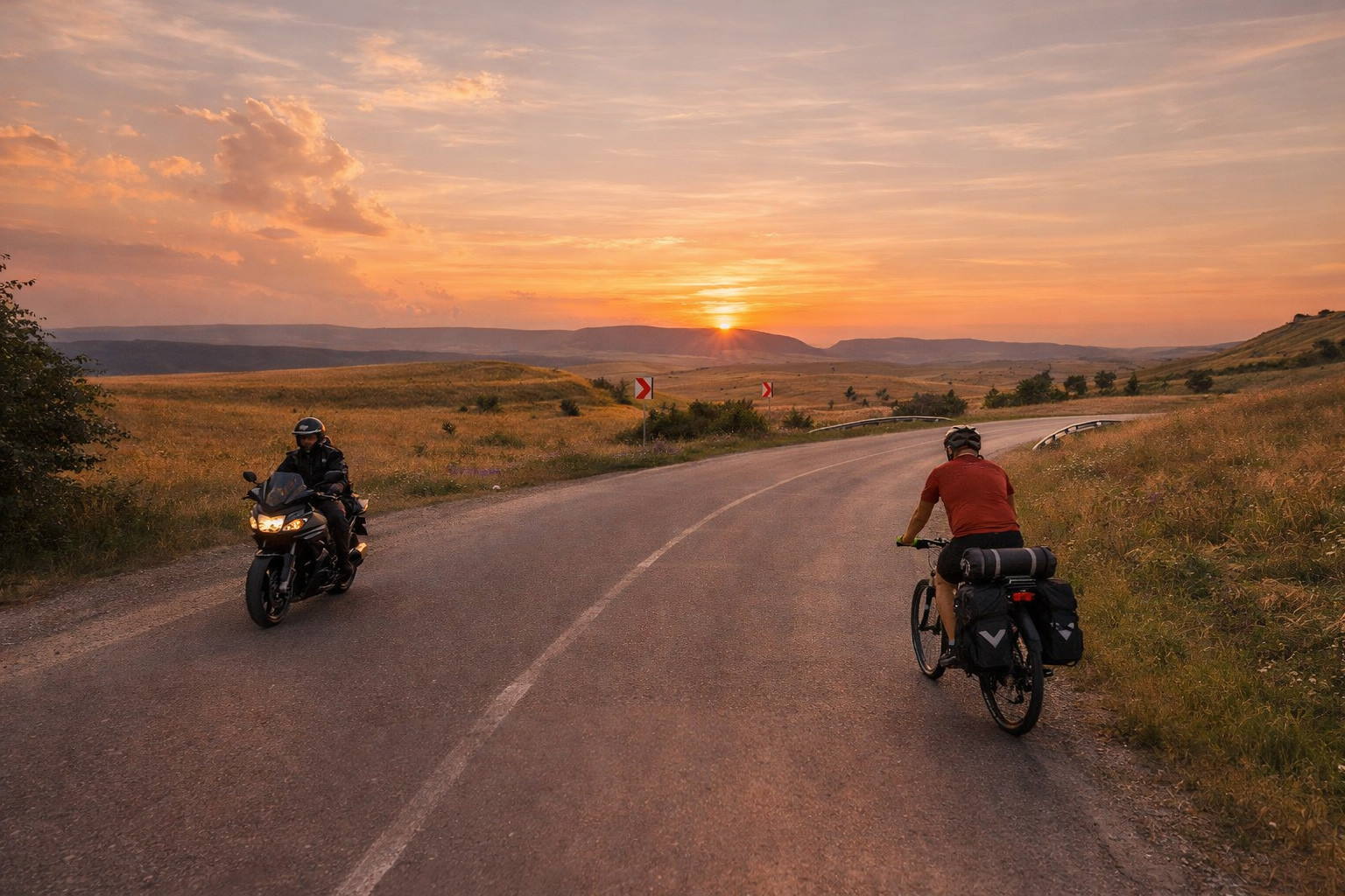 Die Via Europe Landstraße in Rumänien bei Sonnenuntergang