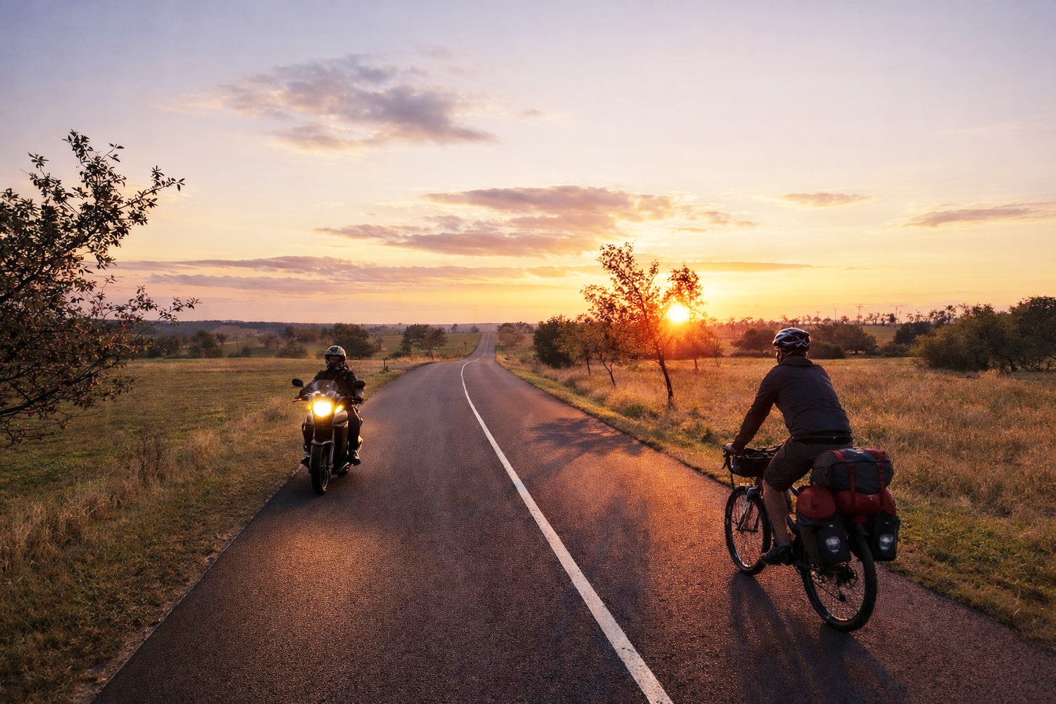 Die Via Europe Landstraße in Tschechien bei Sonnenuntergang