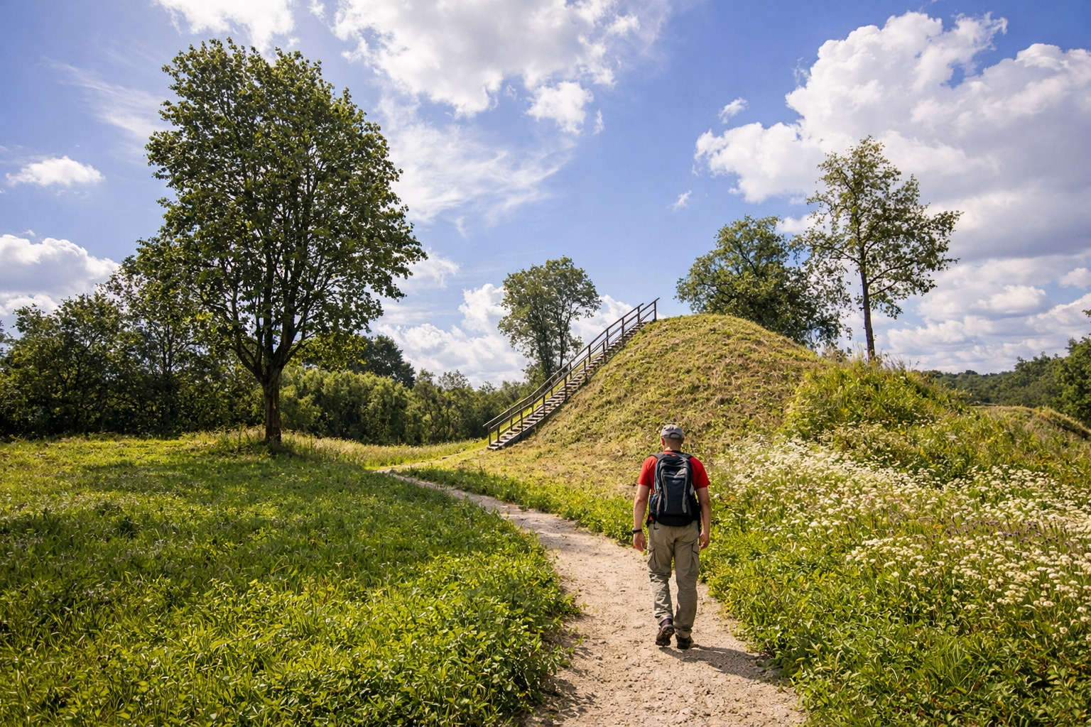 Geschwungener Wanderweg durch eine grüne Wiesenlandschaft im Krekenava-Regionalpark in Litauen mit einzelnen Bäumen, blühenden Wildpflanzen und einem hölzernen Treppenaufgang auf einem Hügel unter blauem Himmel mit lockeren Wolken, ein Wanderer geht den Weg entlang