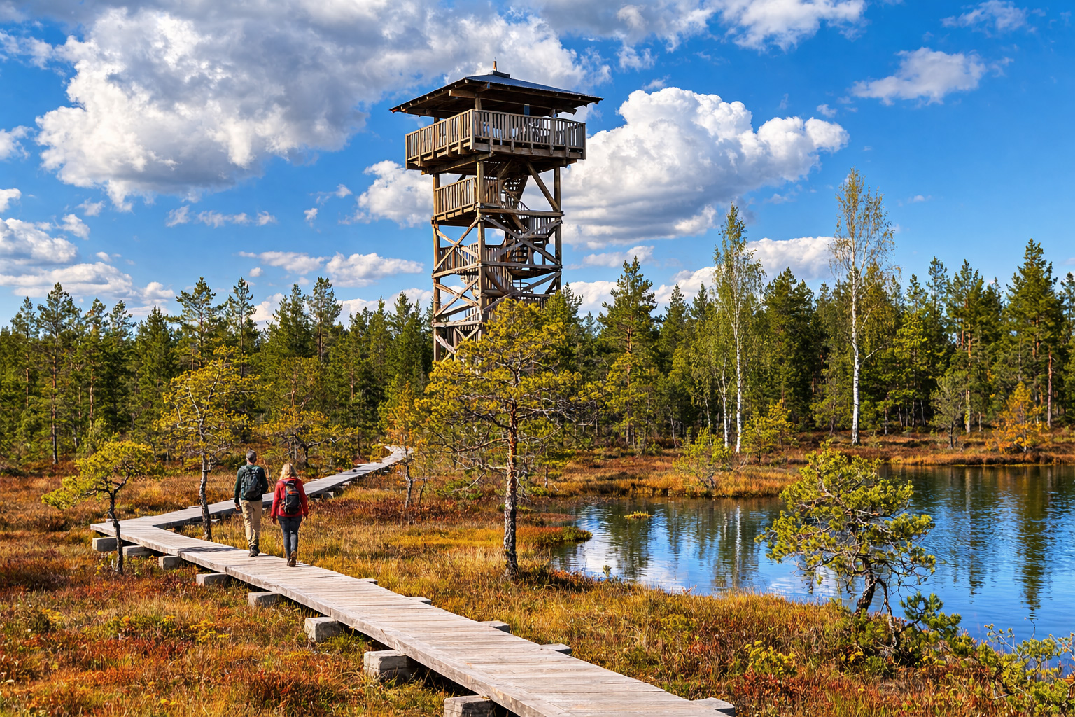 Holzsteg führt durch die Moorlandschaft von Mukri raba zu einem hohen hölzernen Aussichtsturm, zwei Wanderer gehen hintereinander über den Steg entlang kleiner Wasserflächen, umgeben von Kiefern und Birken unter blauem Himmel mit lockeren Wolken