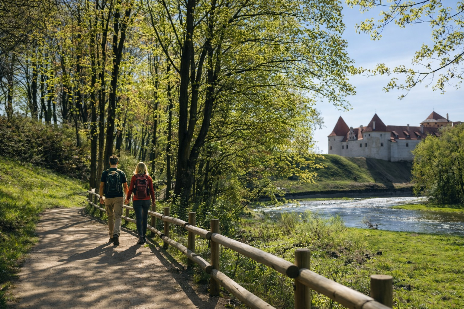 Uferweg im Naturpark Bauska mit einem Wanderpärchen auf einem geschwungenen Pfad entlang eines Holzzauns, rechts fließt ein ruhiger Fluss durch grüne Auen, im Hintergrund erhebt sich die Burg Bauska zwischen Bäumen unter hellem Sonnenlicht