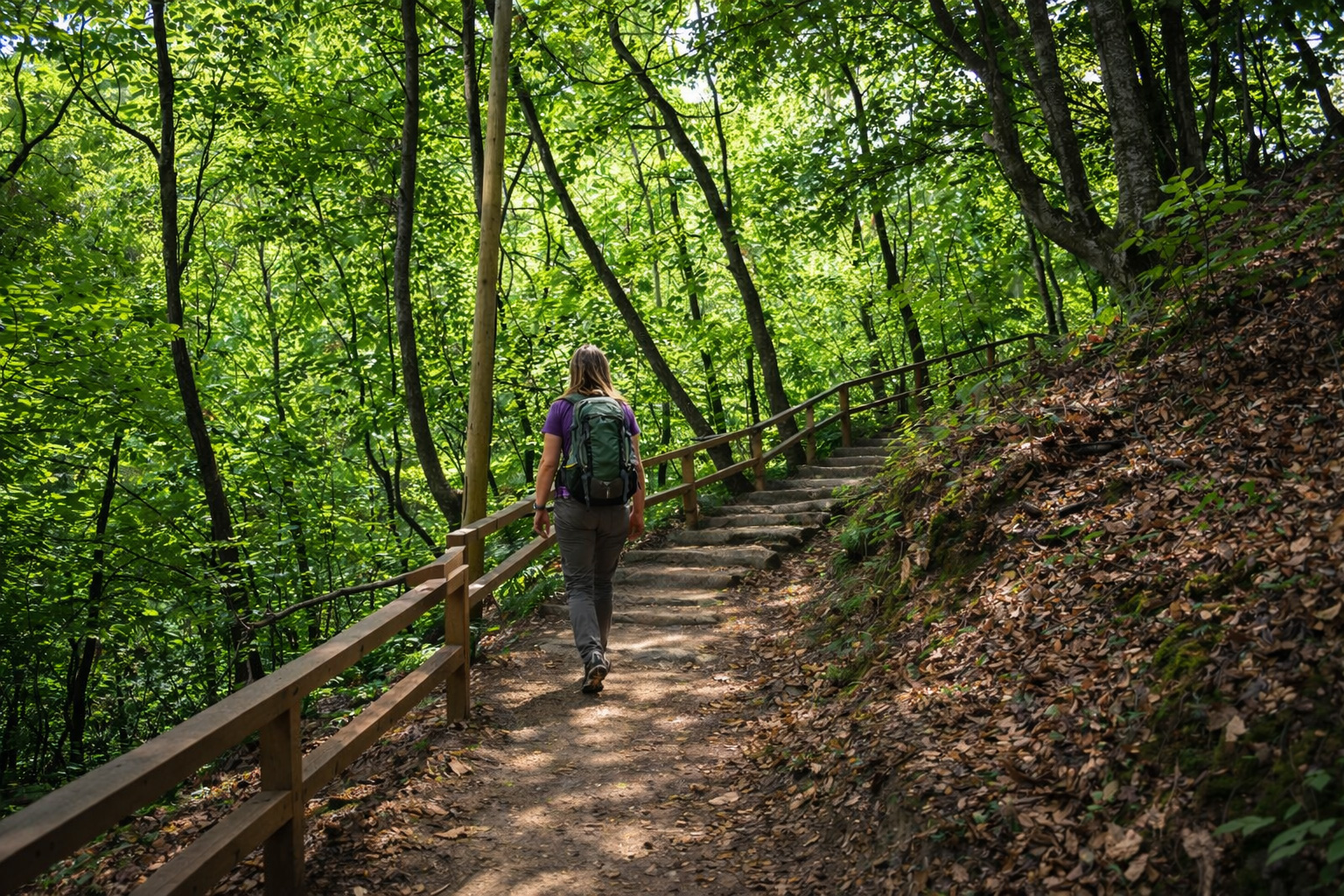 Waldweg im Naturpark Medvednica in Kroatien mit naturbelassenen Steinstufen, hölzernem Geländer und dichtem grünen Laubwald an einem Hang, ein Wanderer geht auf dem linken Teil des Pfades durch den sonnendurchfluteten Wald bergauf