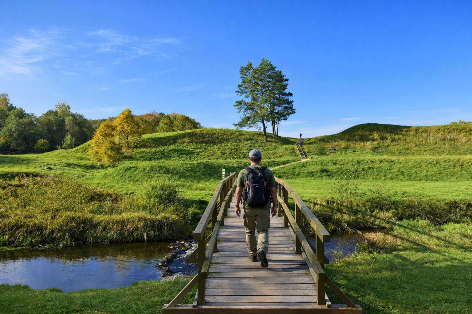 Holzbrücke über einen schmalen Bach im Neris-Regionalpark in Litauen, ein Wanderer läuft über den Steg durch eine offene grüne Hügellandschaft mit einzelnen Bäumen, kleinem Treppenaufgang und blauem Himmel bei klarem Sonnenlicht