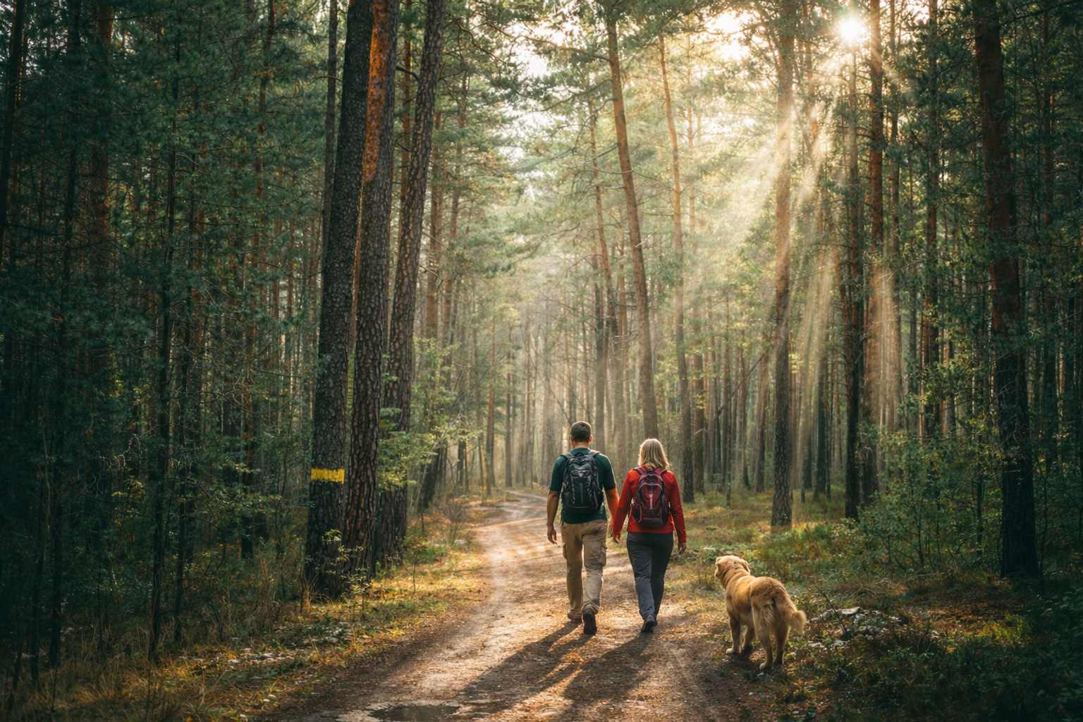 Waldweg im Piejūra-Naturpark mit einem Wanderpärchen und einem Hund zwischen hohen Kiefern, Sonnenstrahlen fallen schräg durch den lichten Nadelwald auf den sandigen Weg, begleitet von dichtem Grün und warmem Licht zwischen den Baumstämmen