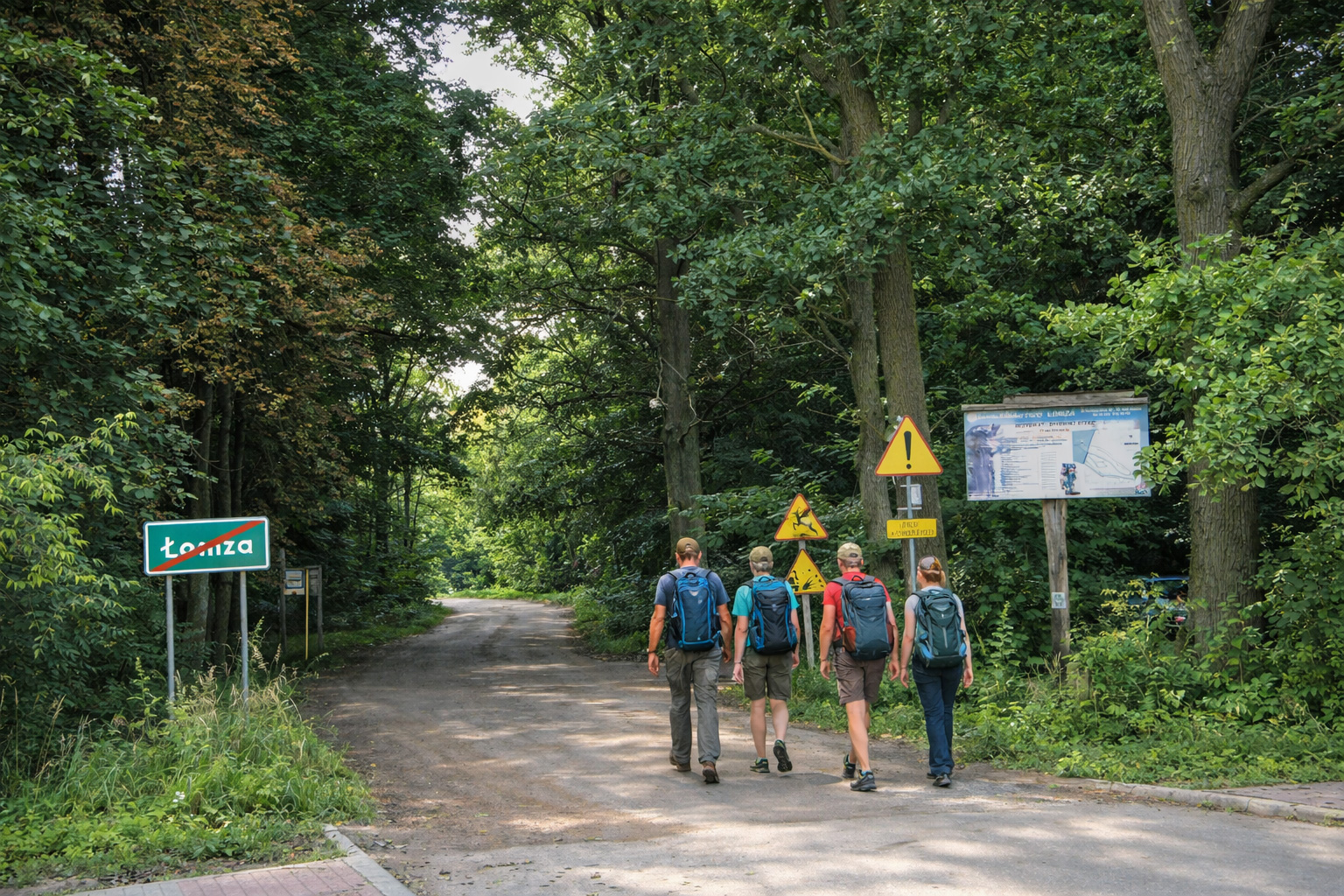 Waldeingang im Przyrody Rycerski Kierz in Polen mit schmaler Straße zwischen dichtem Laubwald, Ortsschild und Hinweistafeln am Wegesrand, eine Gruppe von Wanderern geht in den schattigen Wald hinein bei klarem Sonnenlicht