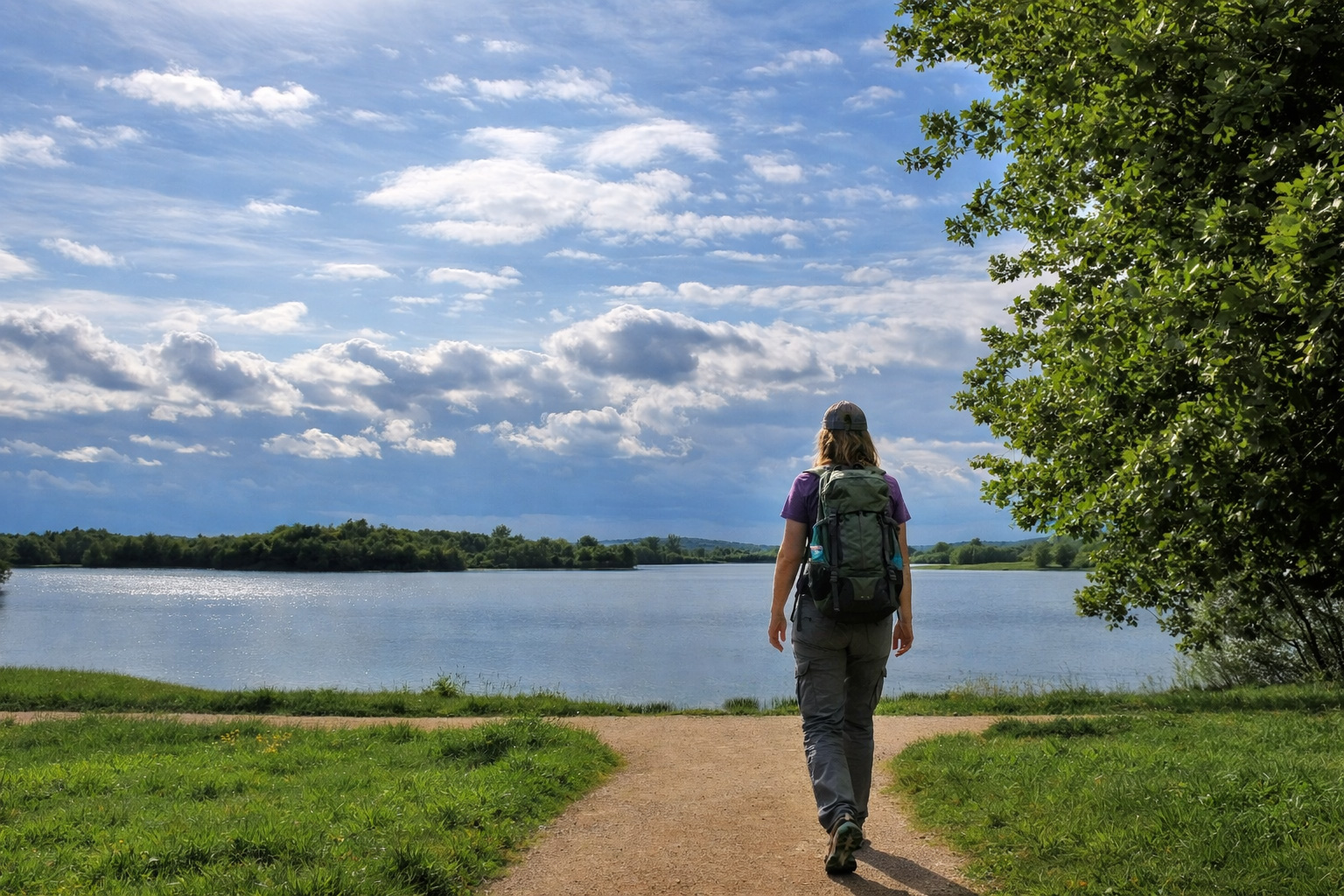 Wanderweg am Ufer des Selmęt Wielki Sees in Polen mit grünen Wiesen, ruhigem Wasser und dichtem Baumbestand am Horizont, eine Wanderin geht auf dem Weg zum See unter einem weiten Himmel mit hellen Wolken und klarer Sicht