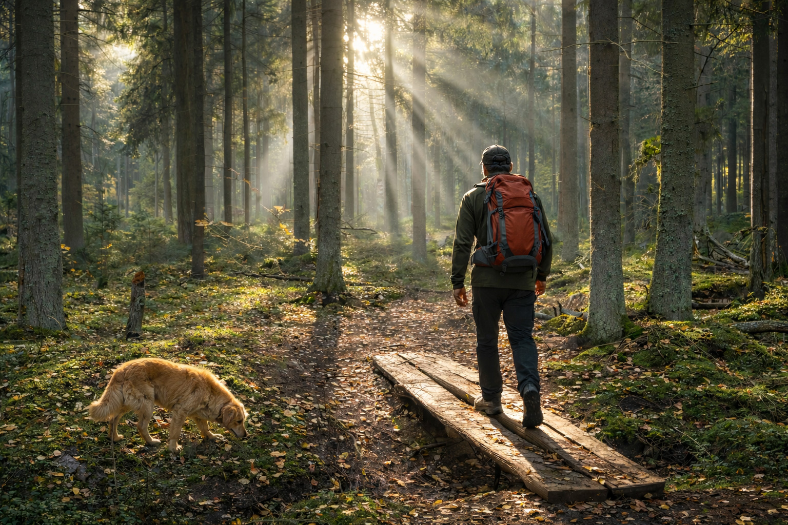 Schmaler Wanderweg mit kleiner Holzbrücke in einem lichten Nadelwald des Tädu looduskaitseala, durch den kräftige Sonnenstrahlen zwischen hohen Baumstämmen auf den moosigen Waldboden fallen, während ein Wanderer mit Rucksack die Brücke überquert und links ein Hund zwischen Farnen und Laub am Wegesrand schnüffelt